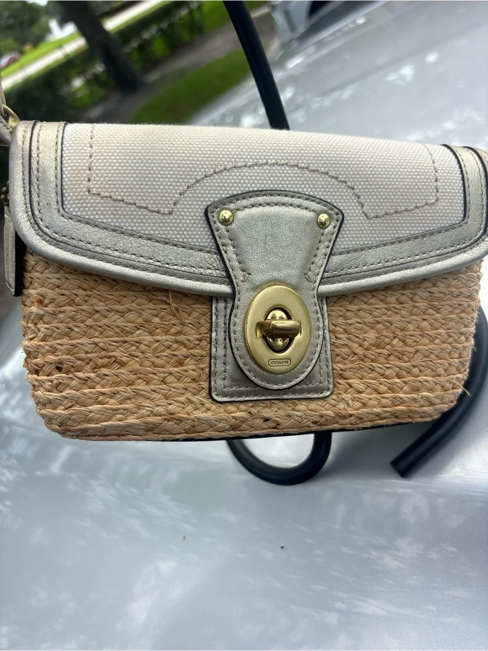 Coach Straw Crossbody with Cream Leather Trim and Gold Hardware